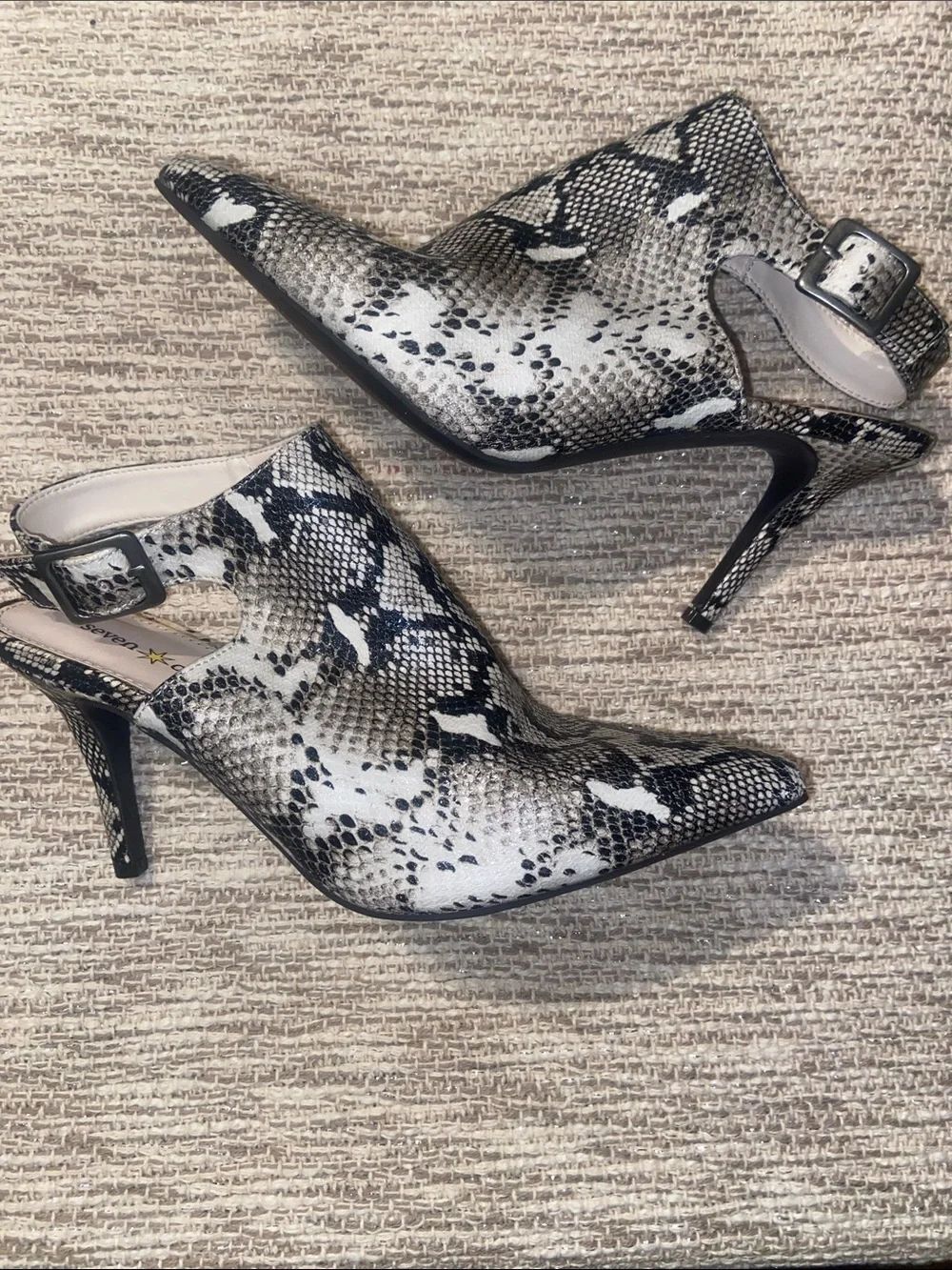 Snake-Print Pointed Toe Slingback Heels in Black & White seven dials 8.5
